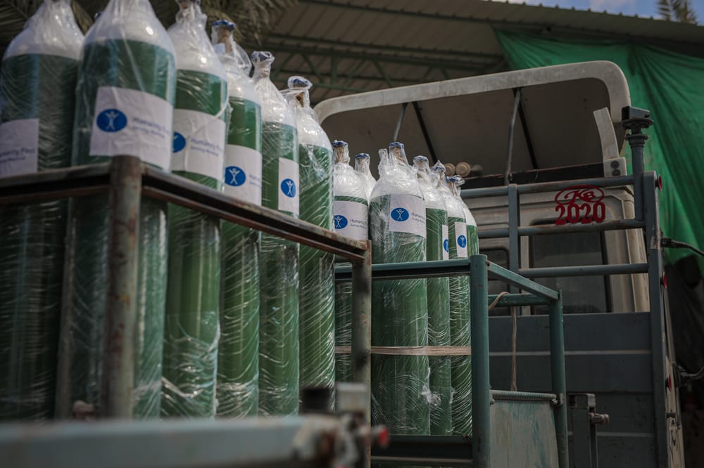Humanity First delivering medical oxygen to Al-Shifa Hospital, Gaza, 2021