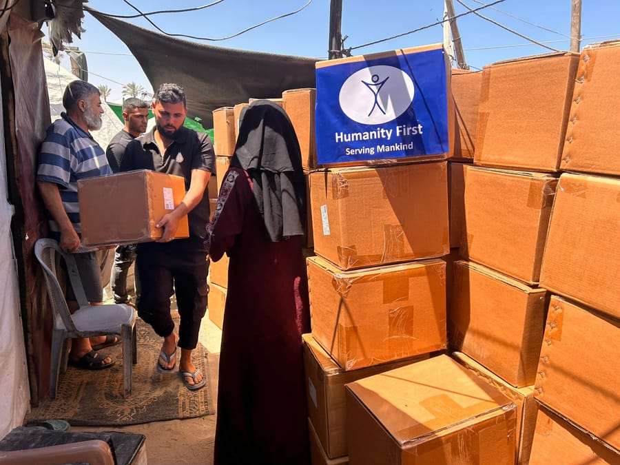 Food parcels handed out at a distribution point in Gaza