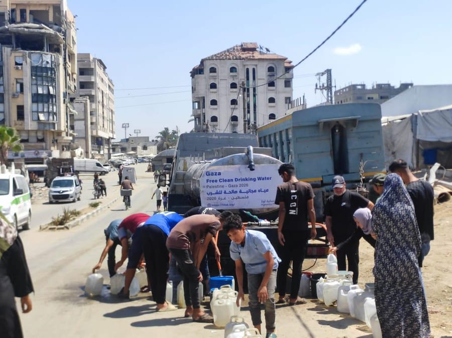 A Humanity First water truck delivering clean water in Gaza