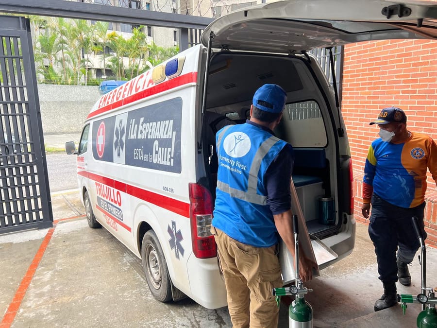 The Humanity First team loading medical supplies into an ambulance in La Guaira